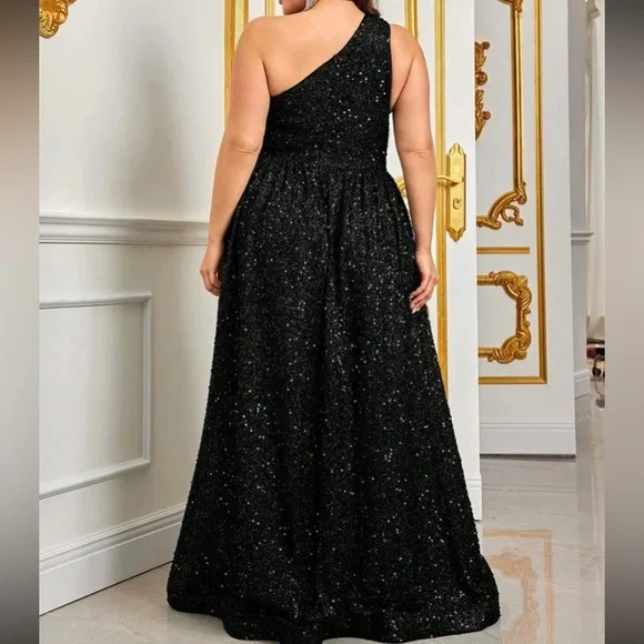 Luxe plus size one shoulder slit thigh party formal prom wedding gown dress - Picture 5 of 8